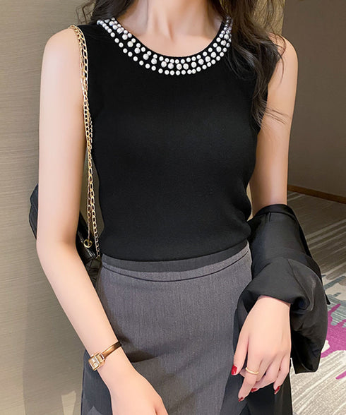 パール付きトップスノースリーブニット夏服 袖なしサマーニットレディース インナートップスきれいめ プルオーバーニットシンプルおしゃれ オフィスカジュアル トップス 2XIAOLL-001